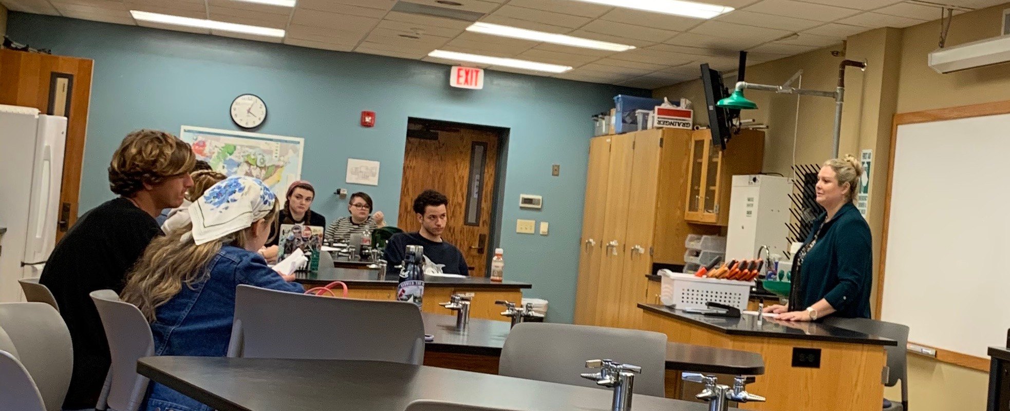 A teaching lab seen from the back: students at benches and Gabrielle at the front by the whiteboard